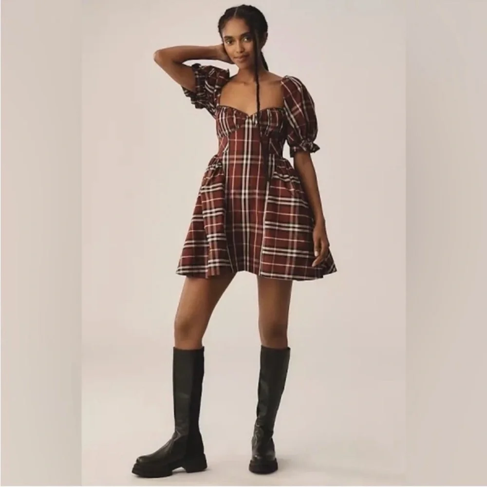 Anthropologie Maeve Plaid Maroon Tartan Burgundy Mini Puff Sleeve Dress Size S - Picture 2 of 15
